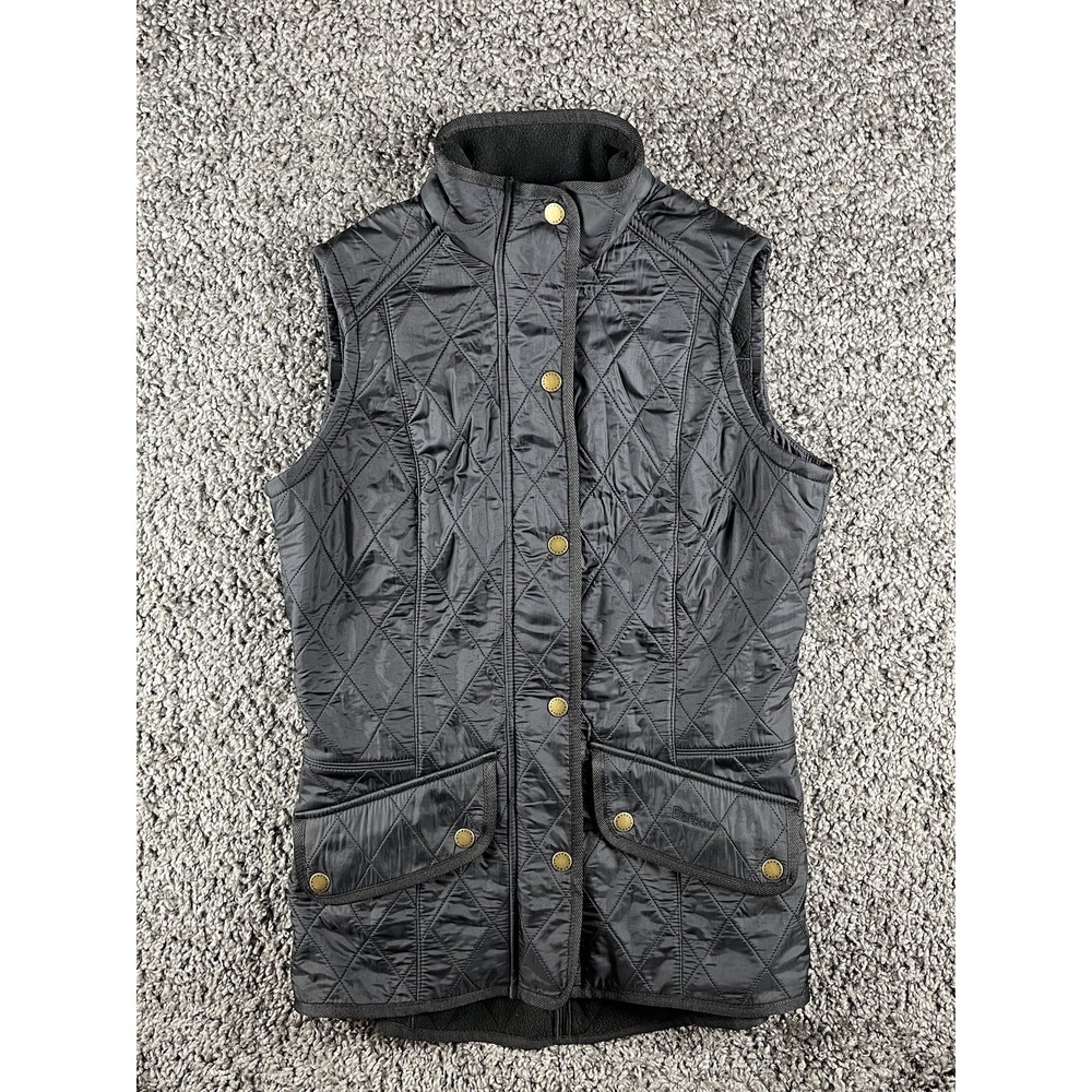 Barbour Women's Cavalry Gilet Quilted Vest Black Fleece Lined Snap Sz 4